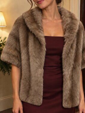 Regina Glenara by Glenoit Taupe Plush Shawl Collar Capelet Jacket Made USA